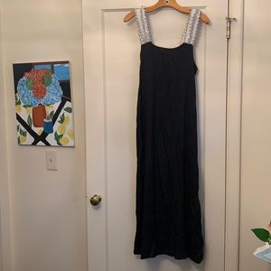 Vintage black Flowy dress with black and white ruffle straps!